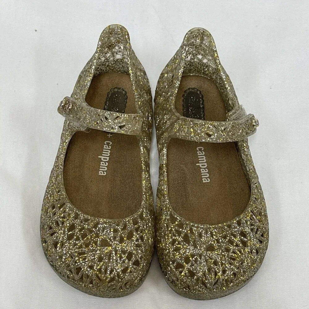 Mini Melissa + Campana Zig Zag Glitter GOLD Mary Jane Jellies Shoes size 2 Girls - Picture 2 of 6